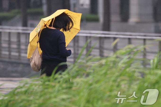 30일 오전 서울 청계광장 일대에서 우산을 쓴 시민이 비바람을 막으며 걷고 있다. 2024.6.30/뉴스1 ⓒ News1 구윤성 기자