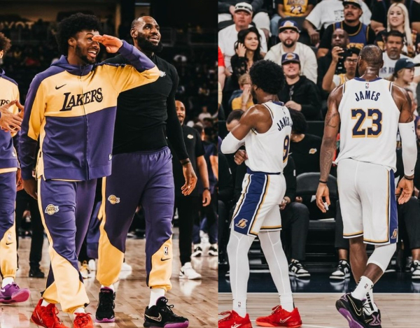 NBA 사상 처음으로 '부자'가 같은 팀 유니폼을 입고 동시에 코트를 누빈 경기가 벌어졌다. 사진은 역사의 중심에 선 르브론 제임스와 그의 아들 브로니 제임스의 모습. /사진=인스타그램 캡처