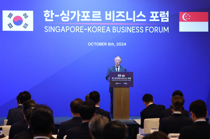 정의선 회장이 한-싱가포르 비즈니스 포럼에서 환영사를 통해 미래 50년을 기대했다. /사진=뉴시스