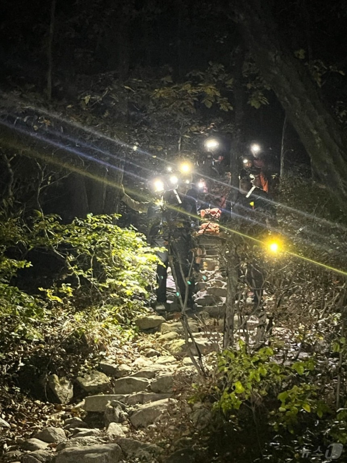 소방 구조대원들이 설악산 하산 도중 부상을 입은 스웨덴 국적 여성을  구조하고 있다. /사진=뉴스1DB(강원도소방본부 제공)