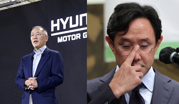 김우주 현대자동차 기획조정실 본부장이 고려아연 이사회에 두번 연속 불참한 사실이 알려진 가운데 불참 사유에 대한 의견이 분분하다. 의결권을 가진 이사가 이사회에 불참한 것으로 두고 단순 이유는 아닐 것이라는 해석이 나온다. 왼쪽은 정의선 현대자동차그룹 회장이고 오른쪽은 최윤범 고려아연 대표이서 회장이다. /사진=현대자동차그룹, 뉴스1 