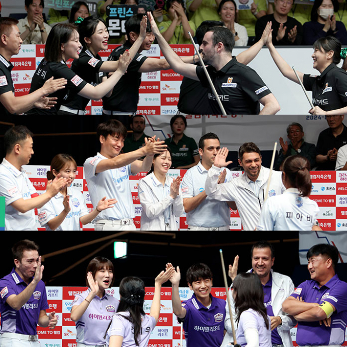 PBA팀 리그 우승 경쟁이 최종일까지 이어진다. 사진은 14일 열릴 '웰컴저축은행 PBA팀 리그 2024-25 3라운드' 최종일 우승 후보팀인 NH농협카드와 우리금융캐피탈, 하이원리조트 선수들의 모습. /사진=PBA