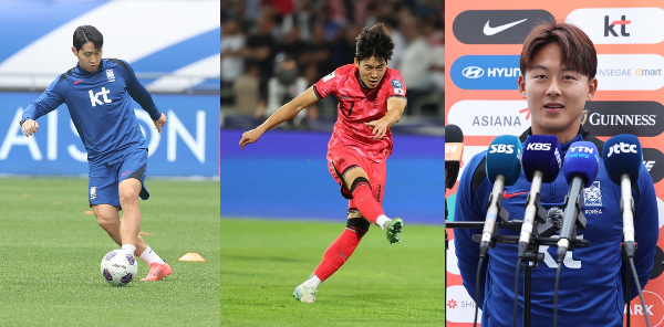 한국과 이라크가 B조 1위 자리를 두고 15일 저녁 8시 맞붙는다. 사진은 왼쪽부터 측면 공격을 담당할 이강인, 배준호, 이승우의 모습. /사진=뉴스1