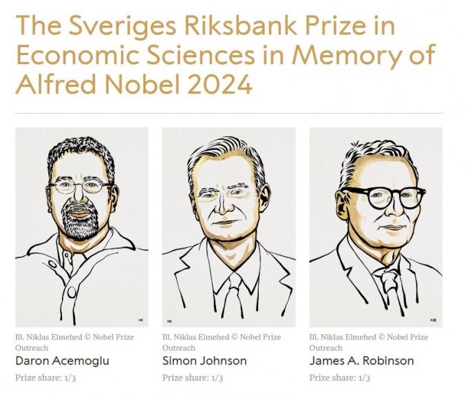 올해 노벨경제학상 수상자들. 대런 애쓰모글루, 사이먼 존슨, 제임스 로빈슨(노벨상 공식 사이트  갈무리)