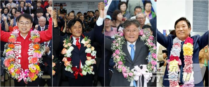기초단체장 4명을 뽑는 10·16 재보궐선거에서 국민의힘과 더불어민주당 후보가 각각 두 명씩 당선됐다. 국민의힘은 최대 격전지로 떠올랐던 부산 금정을 지켜냈고, 민주당은 전남 영광에서 야권 경쟁자인 박웅두 조국혁신당 후보를 따돌렸다. 사진은 10·16 재보궐선거 당선자들. 왼쪽부터 윤일현 국민의힘 금정구청장 당선자(부산 금정), 박용철 국민의힘 강화군수 당선자(인천 강화), 장세일 더불어민주당 영광군수 당선자(전남 영광), 조상래 더불어민주당 곡성군수 당선자(전남 곡성). 2024.10.17/뉴스1 ⓒ News1 김명섭 기자,민경석 기자,김동수 기자,윤일지 기자