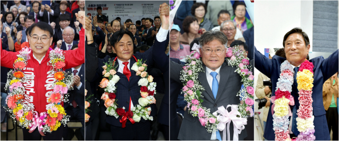 10·16 재보궐 기초단체장 선거가 국민의힘 2곳, 더불어민주당 2곳 승리로 마무리됐다. 사진은 10·16 재보궐선거 당선자들의 모습. 왼쪽부터 윤일현 국민의힘 금정구청장 당선자(부산 금정), 박용철 국민의힘 강화군수 당선자(인천 강화), 장세일 더불어민주당 영광군수 당선자(전남 영광), 조상래 더불어민주당 곡성군수 당선자(전남 곡성). /사진=뉴스1