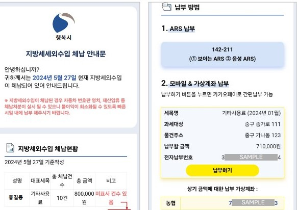 안양시가 이번 달부터 개시한 모바일 전자고지 서비스인 세외수입 체납안내문 카카오톡 샘플. 