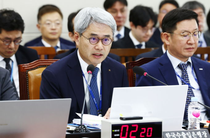 윤희성 한국수출입은행장이 21일 오전 서울 여의도 국회 기획재정위원회에서 열린 한국수출입은행, 한국조폐공사, 한국투자공사 등에 대한 국정감사에서 의원 질의에 답변하고 있다./사진=뉴스1