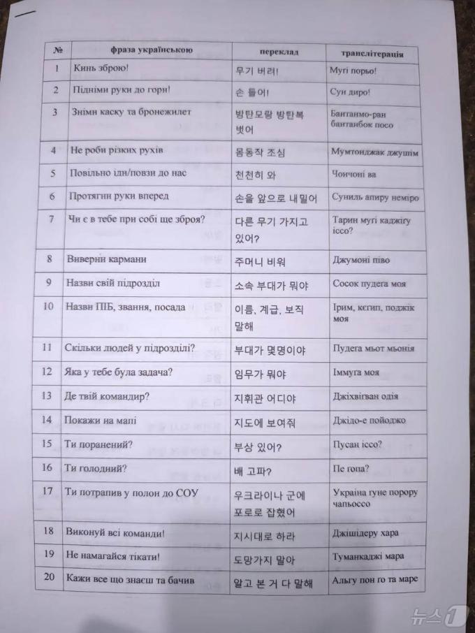 러시아가 26일(현지시간) 우크라이나군이 북한 군인의 도착을 대비해 배포한 매뉴얼을 공개했다. (출처=친러시아 텔레그램 '작전Z: 러시아 봄의 전사들')