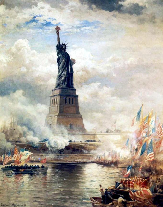모습을 드러낸 자유의 여신상. (출처: Edward Moran, 회화(1886), Wikimedia Commons, Public domain)