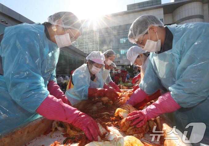 절기상 입동(立冬)을 하루 앞둔 6일 경기 화성시 자원봉사센터에서 열린 '대한적십자사와 함께하는 따뜻한 겨울나기 사랑의 김장김치 나눔 행사'에서 자원봉사자들이 관내 취약계층에게 전달할 김장 김치를 담그고 있다. 2024.11.6/뉴스1 ⓒ News1 김영운 기자