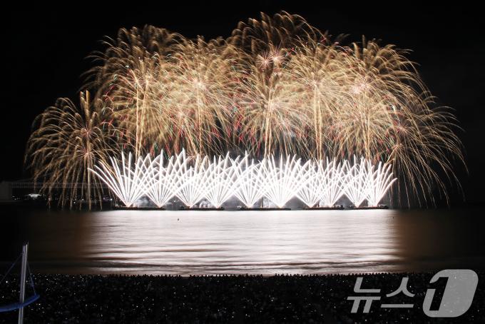 9일 오후 부산 수영구 광안리해수욕장 일대에서 열린 '제19회 부산불꽃축제'에서 화려한 불꽃이 부산 밤바다를 수놓고 있다. 2024.11.9/뉴스1 ⓒ News1 윤일지 기자