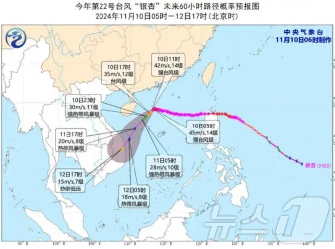 제22호 태풍 인싱 예상 경로 (사진출처=중국 중앙기상대)