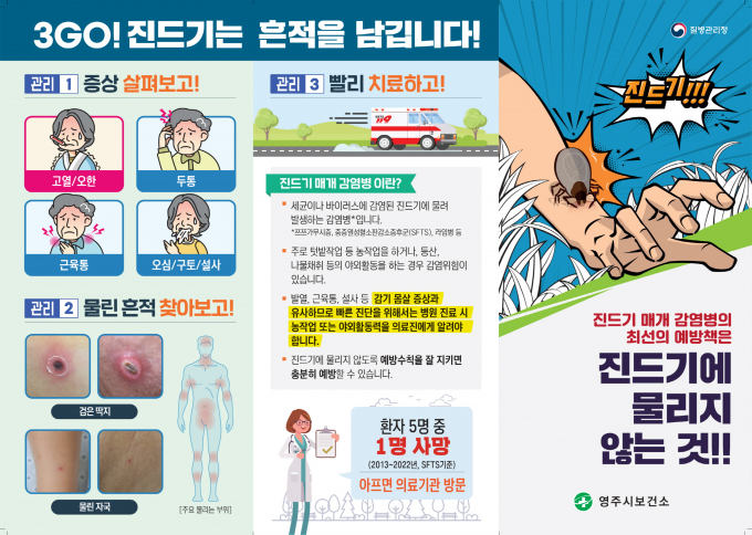 감기몸살 증상과 유사한 진드기 매개 감염병인 중증혈소판감소증후군, 라임병, 쯔쯔가무시증을 설명하는 홍보물./사진제공=영주시보건소