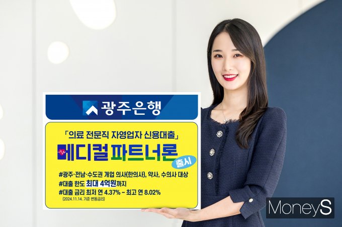 광주은행 홍보 모델리 의료 전문직 자영업자를 위한 신용대출 '메디컬파트너론' 출시를 알리고 있다/사진=광주은행 제공.