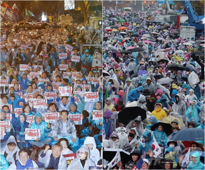 16일 서울 종로구 광화문광장 인근에서 윤석열 정권을 규탄하는 '김건희·윤석열 국정농단 규탄·특검 촉구 제3차 국민행동의 날 및 시민사회 연대 집회'(왼쪽)와 이재명 더불어민주당 대표의 구속을 촉구하는 '이재명 구속 촉구 광화문국민혁명대회'가 열리고 있다. 2024.11.16/뉴스1 ⓒ News1 김명섭 기자