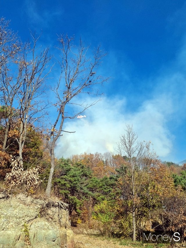 22일 오후 12시10분 쯤 의성군 안사면 중하리 한 산에서 화재가 발생해 산림당국 헬기가 불을 잡고 있다./사진=황재윤 기자