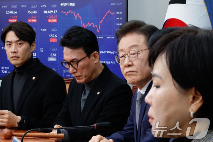 이재명 더불어민주당 대표가 6일 오전 서울 여의도 국회에서 열린 최고위원회의에 참석한 가운데 화면에 있는 경제위기상황판에 코스피, 코스닥 지수가 나오고 있다. 2024.11.6/뉴스1 ⓒ News1 안은나 기자