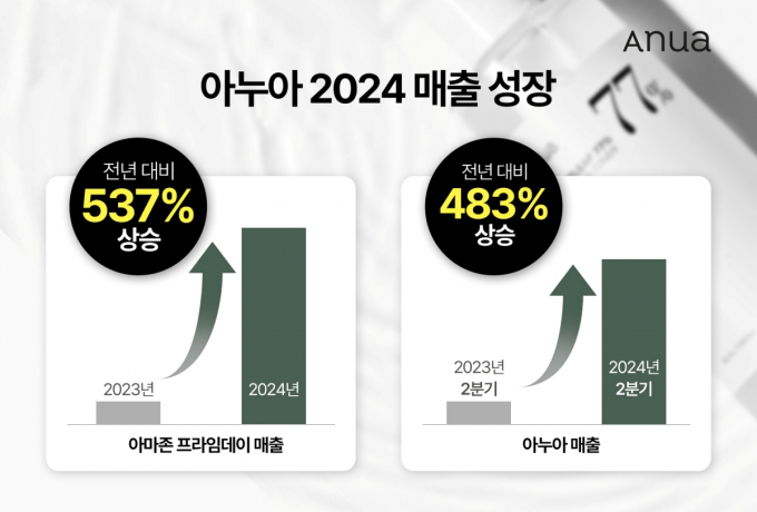 아누아는 올해 7월16~17일 양일간 진행된 아마존 프라임 데이(아마존 유료 회원을 대상으로 열리는 연중 최대 할인 행사)에서 전년 대비 537%, 전주 대비 934%의 매출 성장을 기록했다. /그래픽=아누아
