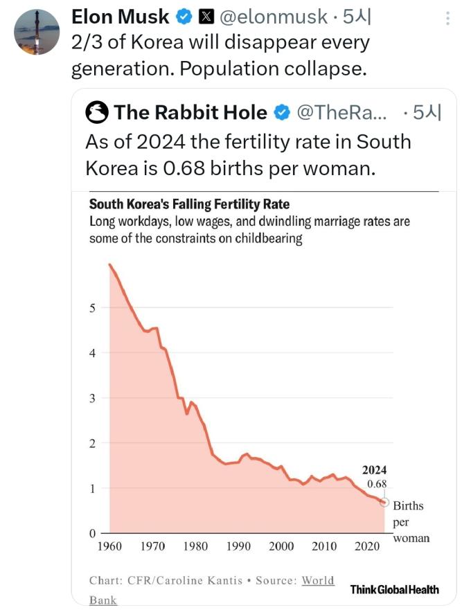 일론 머스크 테슬라 최고경영자(CEO)가 27일(현지시간) 자신이 소유하고 있는 소셜미디어(SNS) 엑스(X·옛 트위터)에 한국의 낮은 출산율을 우려하는 목소리를 담은 글을 게재했다. 2024.11.27/뉴스1 (머스크 X 갈무리)
