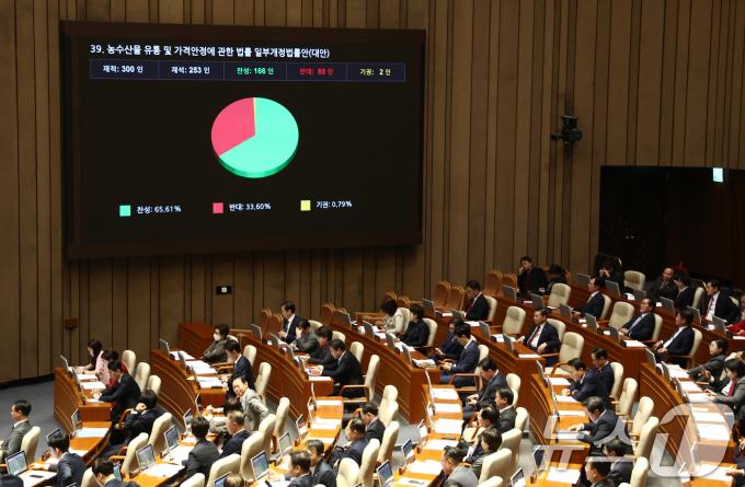 28일 오후 서울 여의도 국회에서 열린 제418회국회(정기회) 제13차 본회의에서 농수산물 유통 및 가격안정에 관한 법률 일부개정법률안(대안)이 재석 300인 중 재석 253인, 찬성 166인, 반대 85인, 기권 2인으로 통과되고 있다. 2024.11.28/뉴스1 ⓒ News1 김민지 기자