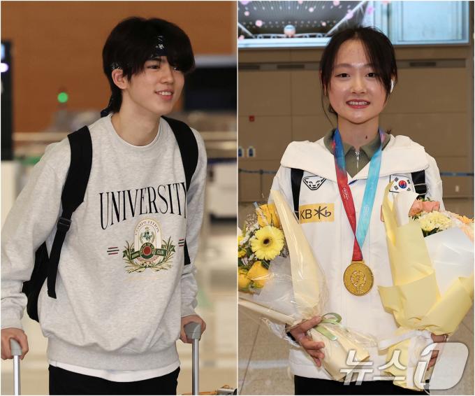 2024 상하이 트로피에서 우승을 차지한 한국 피겨 남자싱글 차준환(왼쪽)과 여자싱글 김채연이 6일 오후 인천국제공항 제2여객터미널을 통해 귀국하고 있다. 2024.10.6/뉴스1 ⓒ News1 김성진 기자