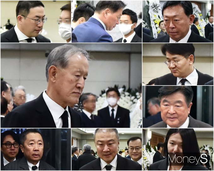 ▲ LG 구광모 회장(맨왼쪽 시계방향), SK 최태원 회장, 롯데 신동빈 회장, 한진 조원태 회장, HD현대 권오갑 회장, 네이버 최수연 대표, LS구자은 회장, 두산 박정원 회장, GS허창수 명예회장