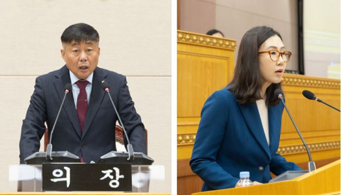 양주시의회 후반기 윤창철 의장(왼쪽)과 최수연 부의장(오른쪽)./사진제공=양주시의회