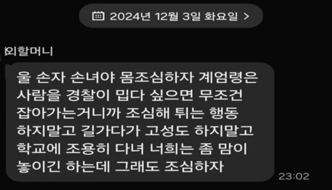 과거에 계엄을 경험했던 할머니가 손자·손녀에게 보낸 문자가 확산됐다. 사진은 하럼니가 보낸 문자메시지 내용. /사진=온라인 커뮤니티 갈무리