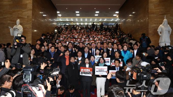 더불어민주당 등 야당 의원들이 6일 서울 여의도 국회 본청에서 윤석열 대통령의 국회 방문 계획이 알려지자 윤 대통령의 국회 출입을 막기 위해 규탄 구호를 외치고 있다. 한편 우원식 국회의장은 긴급 기자회견을 열고 “(尹 대통령)사전협의 없는 방문은 안전 담보가 어렵다”며 
