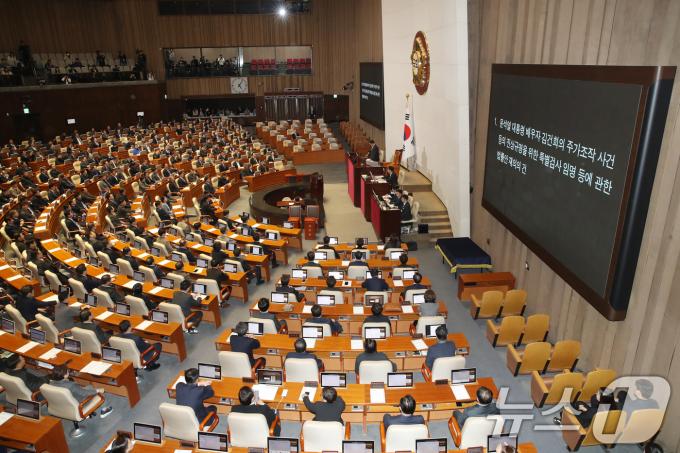 우원식 국회의장이 7일 오후 서울 여의도 국회에서 열린 본회의에서 김건희 특검법(윤석열 대통령 배우자 김건희의 주가조작 사건 등의 진상규명을 위한 특별검사 임명 등에 관한 법률안 재의의 건)을 상정하고 있다. 2024.12.7/뉴스1 ⓒ News1 이광호 기자