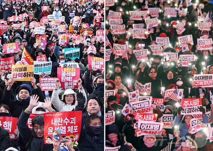 윤석열 대통령에 대한 탄핵소추안 표결이 이뤄지는 7일 서울 시내 곳곳에는 탄핵 찬반 집회가 열렸다. 윤 대통령의 퇴진·탄핵을 주장하는 진보 진영과 시민들은 여의도 국회 앞에서 탄핵에 반대하는 보수 진영은 광화문에서 집결해 맞불 집회를 벌이면서 서울 도심은 두 목소리로 갈라졌다. 사진 왼쪽은 서울 영등포구 여의도 국회의사당 앞에서 열린 '범국민촛불대행진'에서 시민들이 윤석열 대통령의 탄핵소추안 통과를 촉구하며 구호를 외치는 모습. 사진 오른쪽은 자유통일당과 대한민국바로세우기 국민운동본부 등 보수단체 회원들이 '김건희 여사 특별법' 부결 소식과 '윤석역 대통령 탄핵안' 부결 전망에 기뻐하고 있는 모습. 2024.12.8/뉴스1 ⓒ News1 신웅수 기자,민경석 기자