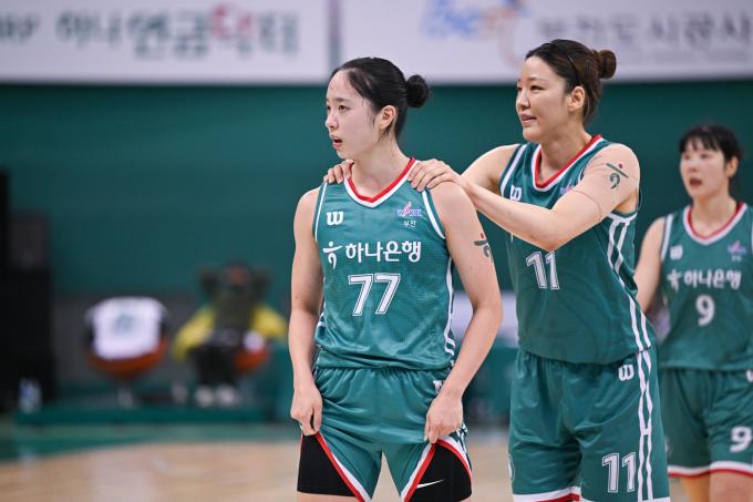 여자 프로농구 부천 하나은행의 박소희와 양인영. (WKBL 제공)