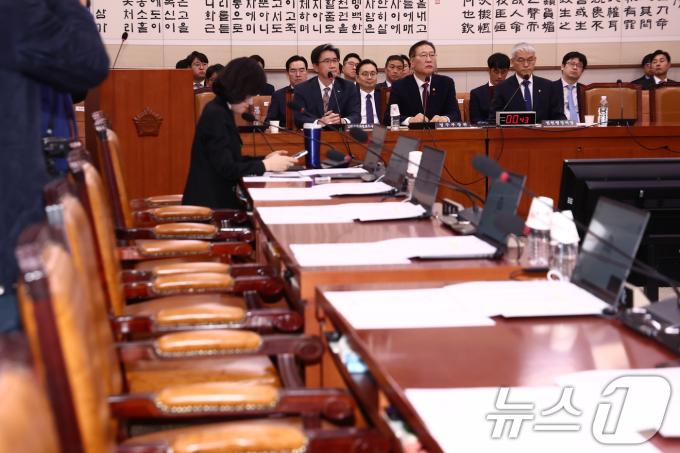 9일 서울 여의도 국회에서 열린 비상계엄 사태와 관련한 윤석열 대통령 등의 내란 혐의 진상규명을 위한 상설특검 수사요구안 등에 관한 법제사법위원회 전체회의에서 국민의힘 의원들의 자리가 비어 있다. 2024.12.9/뉴스1 ⓒ News1 김민