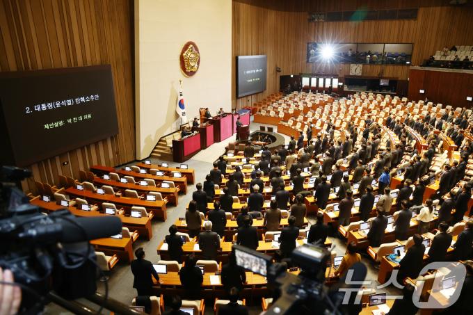 더불어민주당 이재명 의원을 비롯한 의원들이 지난 7일 오후 서울 여의도 국회에서 열린 본회의에서 '윤석열 대통령 탄핵소추안' 표결을 앞두고 비상계엄 해제 요구 결의안에 참여한 국민의힘 의원들의 이름을 외치며 표결에 참여할 것을 촉구하고 있다. /뉴스1 ⓒ News1 김민지 기자