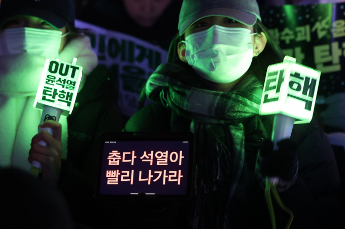국회 앞에서 열린 '윤석열 즉각 탄핵 구속 촉구 촛불문화제'에서 참가자들이 응원봉과 손팻말을 들고 있다. /사진=뉴스1