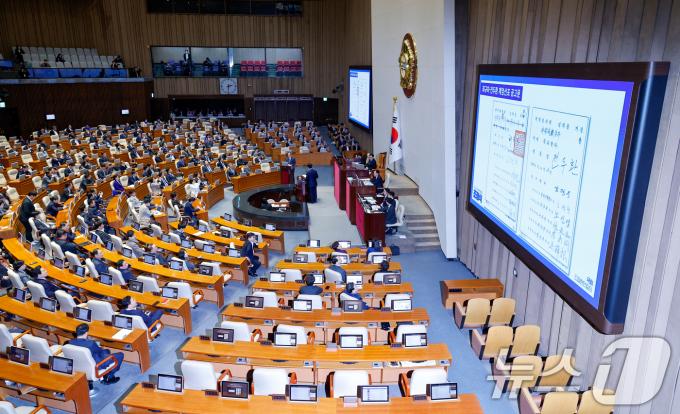 한덕수 국무총리가 13일 오후 서울 여의도 국회에서 열린 제419회국회(임시회) 제3차 본회의에서 조정식 더불어민주당 의원의 윤석열 대통령 위헌적 비상계엄 선포 내란행위 관련 긴급현안질문에 답하는 가운데 화면에 최규하·전두환 계엄선포 공고문이 나오고 있다. 2024.12.13/뉴스1 ⓒ News1 안은나 기자