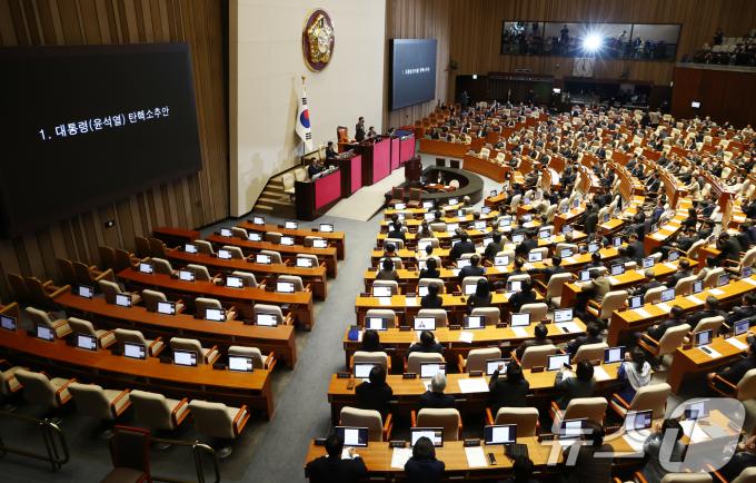 우원식 국회의장이 14일 오후 서울 여의도 국회에서 열린 제419회국회(임시회) 제4차 본회의에서 윤석열 대통령 탄핵소추안 가결을 알리고 있다. 2024.12.14/뉴스1 ⓒ News1 김민지 기자