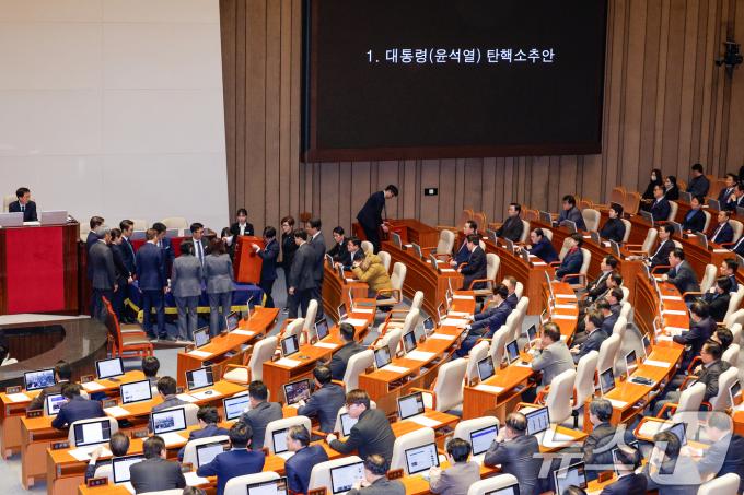 14일 오후 서울 여의도 국회에서 열린 제419회국회(임시회) 제4차 본회의에서 감표 위원들이 윤석열 대통령 탄핵소추안 투표함을 열고 있다. 12·3 비상계엄 사태 열하루 만인 이날 윤 대통령 탄핵소추안은 재석 300명 중 찬성 204명, 반대 85명, 기권 3명, 무효 8명으로 통과됐다. 2024.12.14/뉴스1 ⓒ News1 안은나 기자