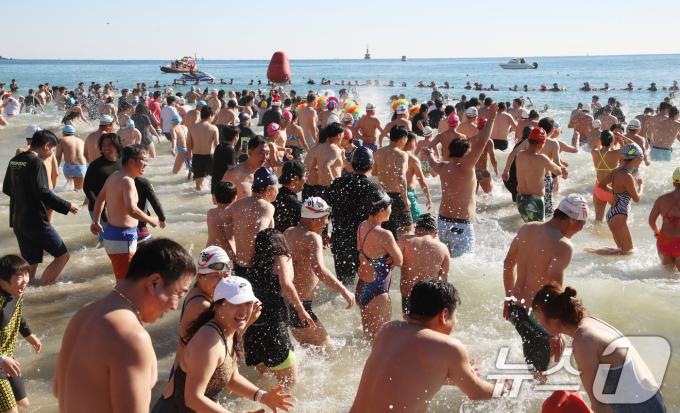 8일 부산 해운대해수욕장에서 열린 제37회 해운대 북극곰축제에서 참가자들이 차가운 겨울 바다에 뛰어들고 있다. 2024.12.8/뉴스1 ⓒ News1 윤일지 기자