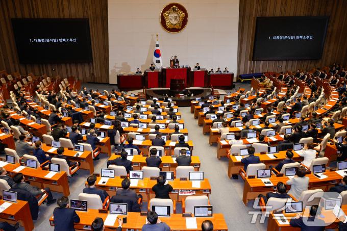 우원식 국회의장이 14일 오후 서울 여의도 국회에서 열린 제419회국회(임시회) 제4차 본회의에서 윤석열 대통령 탄핵소추안을 가결을 선언하고 있다. 12·3 비상계엄 사태 열하루 만인 이날 윤 대통령 탄핵소추안은 재석 300명 중 찬성 204명, 반대 85명, 기권 3명, 무효 8명으로 통과됐다. 2024.12.14/뉴스1 ⓒ News1 안은나 기자