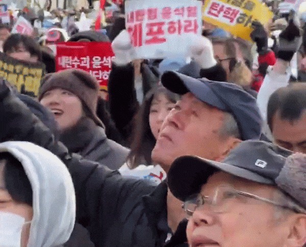 지난 14일 윤석열 대통령 탄핵 촉구 집회에 참석한 이승방 씨(77). (엑스 갈무리)