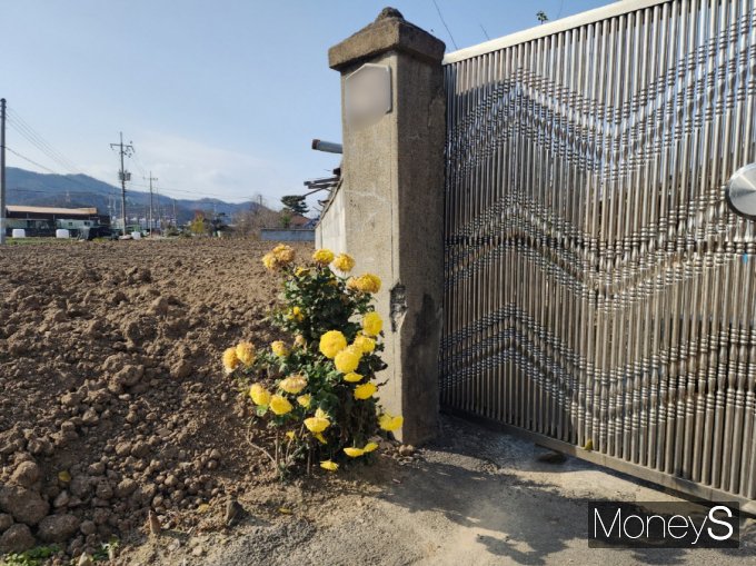 경북 경주시 안강읍 산대리 일원의 한 농지에 성토된 토사가 주택 담장의 절반가량을 덮고 있다 /사진=박영우 기자