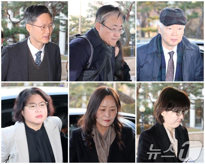 문형배 헌법재판소장 권한대행(왼쪽 위부터 시계방향으로), 김형두 헌법재판관, 정형식 헌법재판관, 이미선 헌법재판관, 정정미 헌법재판관, 김복형 헌법재판관이 5일 서울 종로구 헌법재판소로 출근하고 있다. 2024.12.16/뉴스1 ⓒ News1 이동해 기자