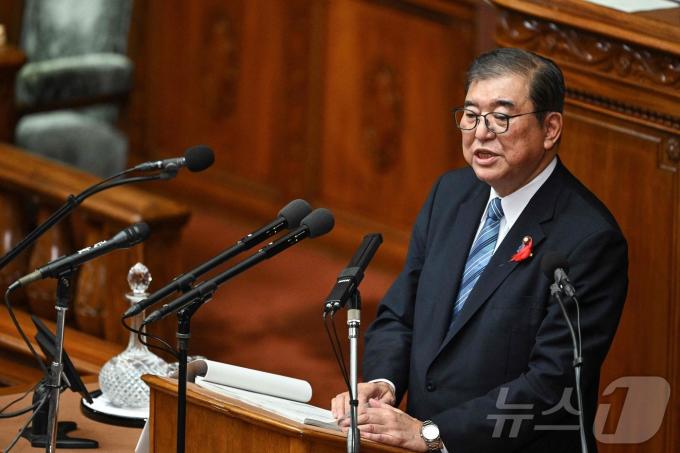 일본 도쿄 국회의사당에서 이시바 시게루 총리가 소신표명연설을 하고 있다. 2024.10.04 ⓒ AFP=뉴스1 ⓒ News1 김지완 기자