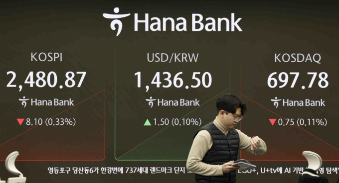 17일 오전 서울 중구 하나은행 본점 딜링룸 전광판에 지수가 나오고 있다./사진=뉴시스 김근수 기자 
