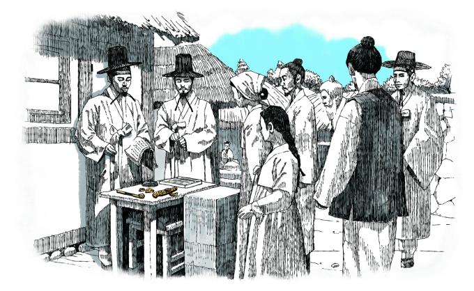 국민들이 국채보상운동에 동참하기 위해 줄지어 서 있는 모습을 표현한 펜일러스트.(국가보훈부 제공)