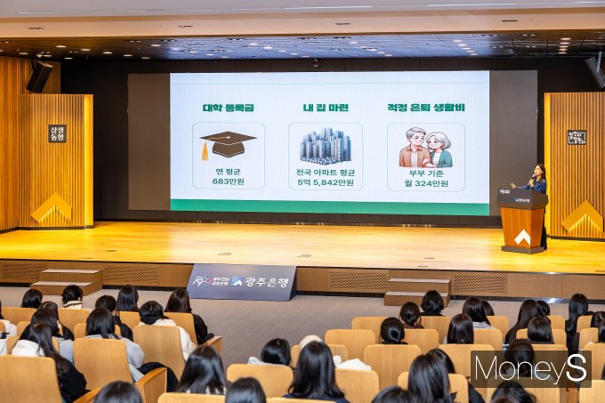 광주은행 관계자가 본점 회의실에서 고 3 수험생을 대상으로 '1사1교 금융교육'을 진행하고 있다/사진=광주은행 제공.