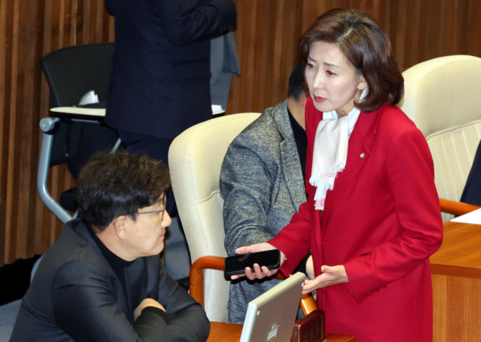 나경원 국민의힘 의원은 여당 의원 대부분이 계엄 해제 표결에 참여하지 않은 것에 대해 민주당 지지자들 때문에 들어갈 수 없었으며 계엄 해제에 반대한 것은 아니었다고 설명했다. 사진은 지난 10일 나경원 국민의힘 의원(오른쪽)과 권성동 의원이 서울 여의도 국회에서 열린 본회의에서 대화를 하고 있는 모습. /사진=뉴시스