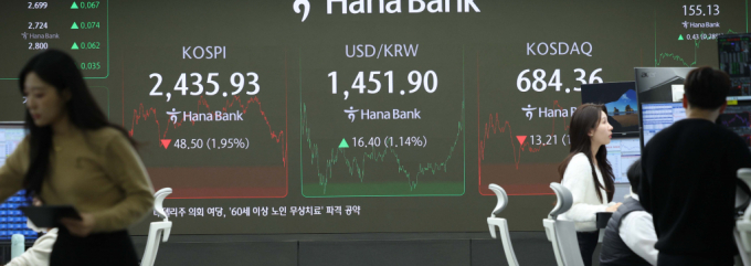  코스피가 전 거래일(2484.43)보다 48.50포인트(1.95%) 내린 2435.93에 장을 마감한 19일 오후 서울 중구 하나은행 딜링룸 전광판에 지수가 표시됐다./사진=뉴시스